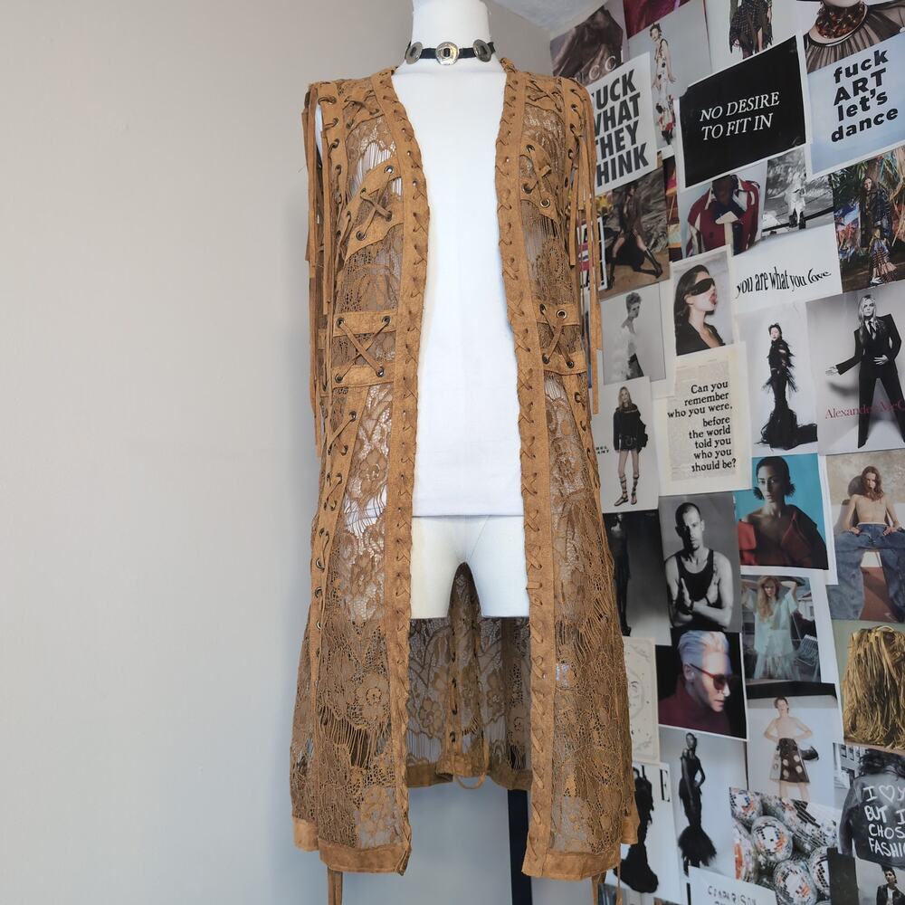 Lace and Faux Suede Fringe Duster Vest